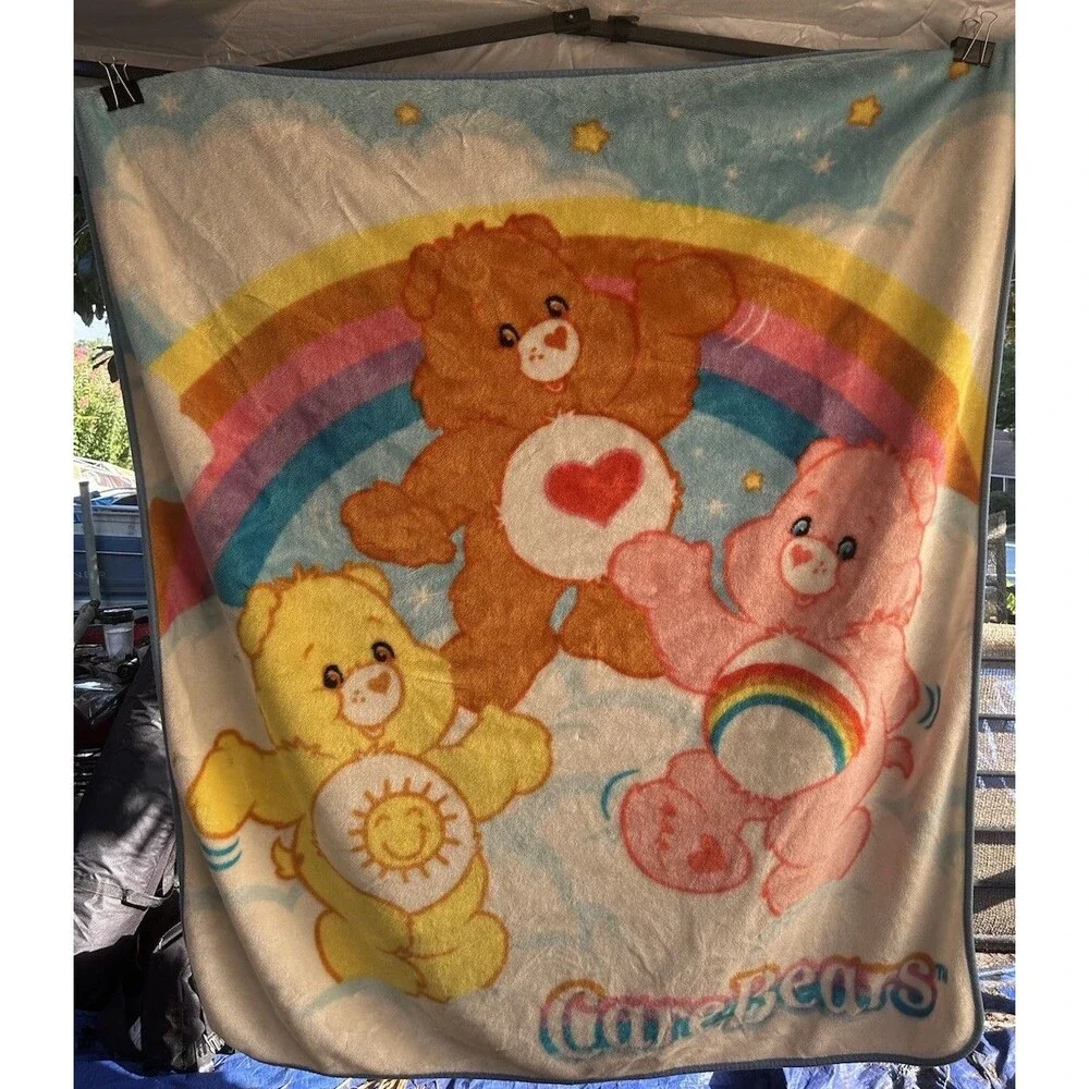 Vintage Care Bears Plush Blanket Cheer Funshine Tender Heart Rainbow 51”x 57”
